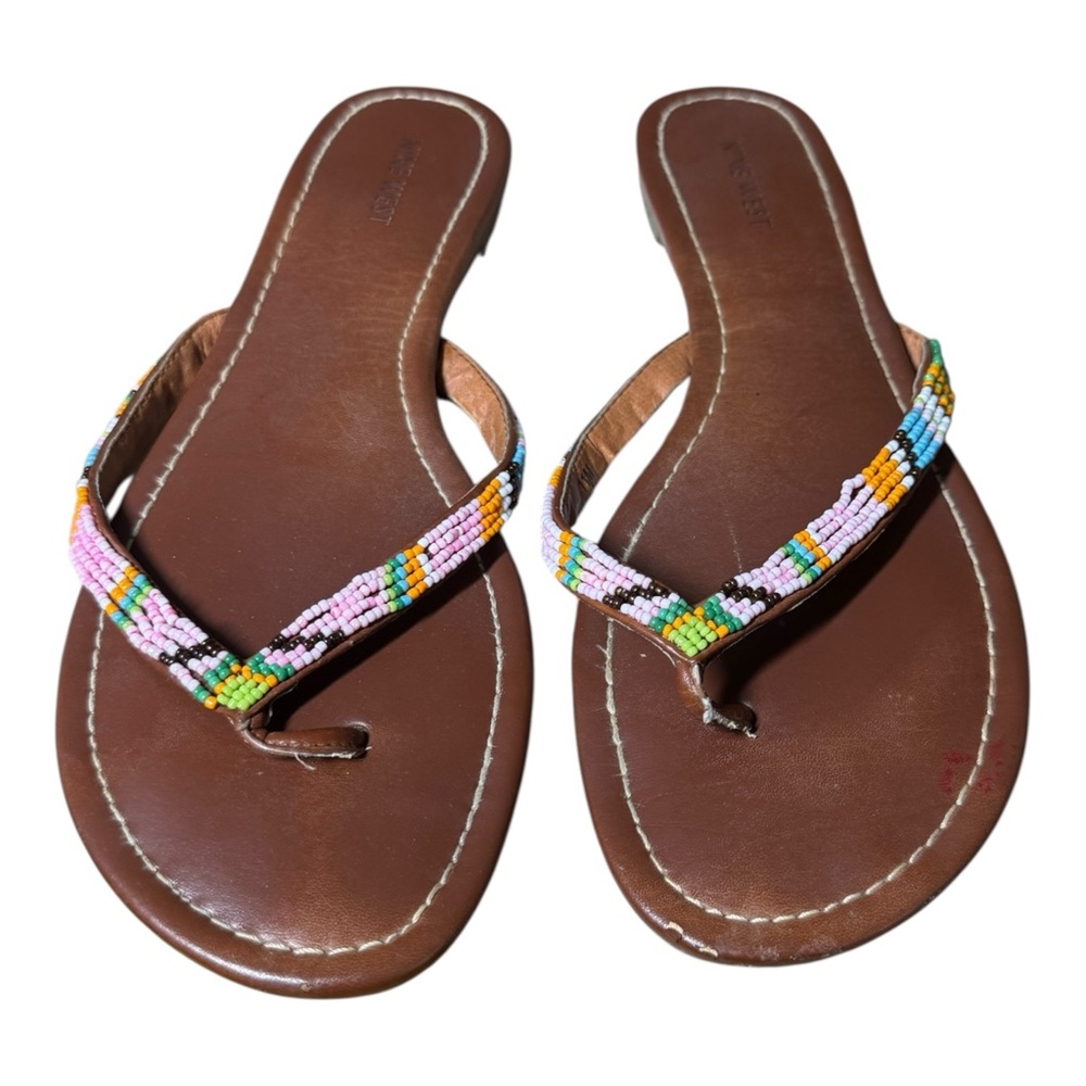 Nine West Brown Leather Sandals with Beaded Straps Size 11M